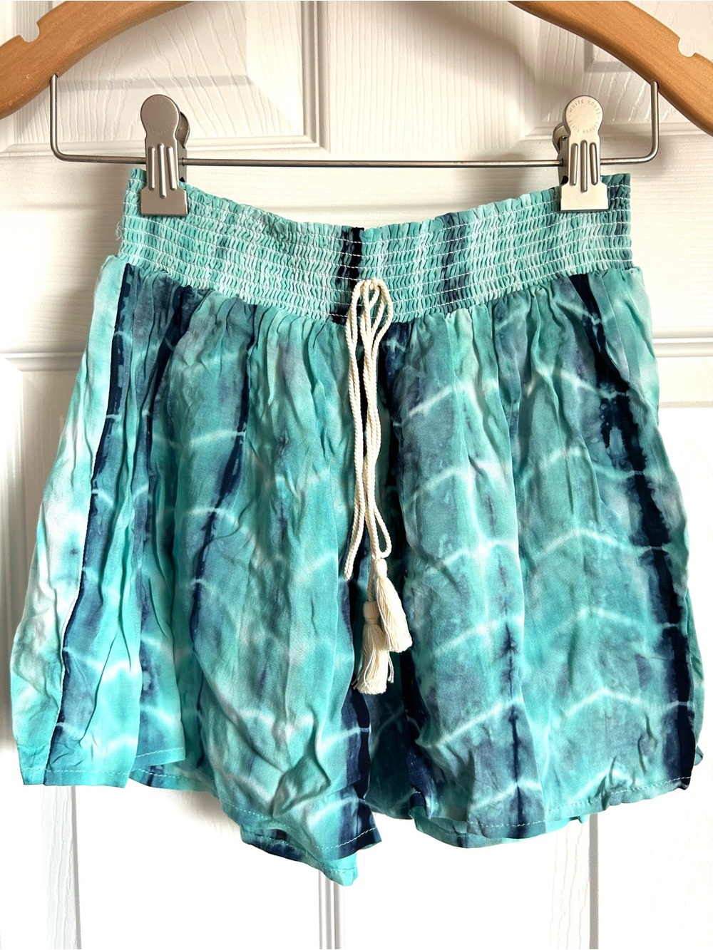 lovestitch Aqua Tie-Dye High Waist Shorts with Tassel Drawstring